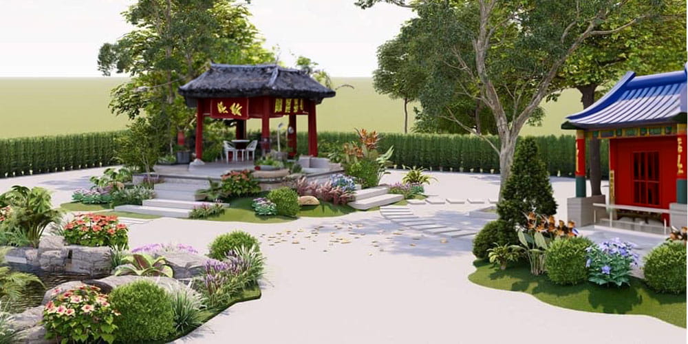 Thi công sân vườn với phong cách Trung Quốc với những nhà chòi cổ